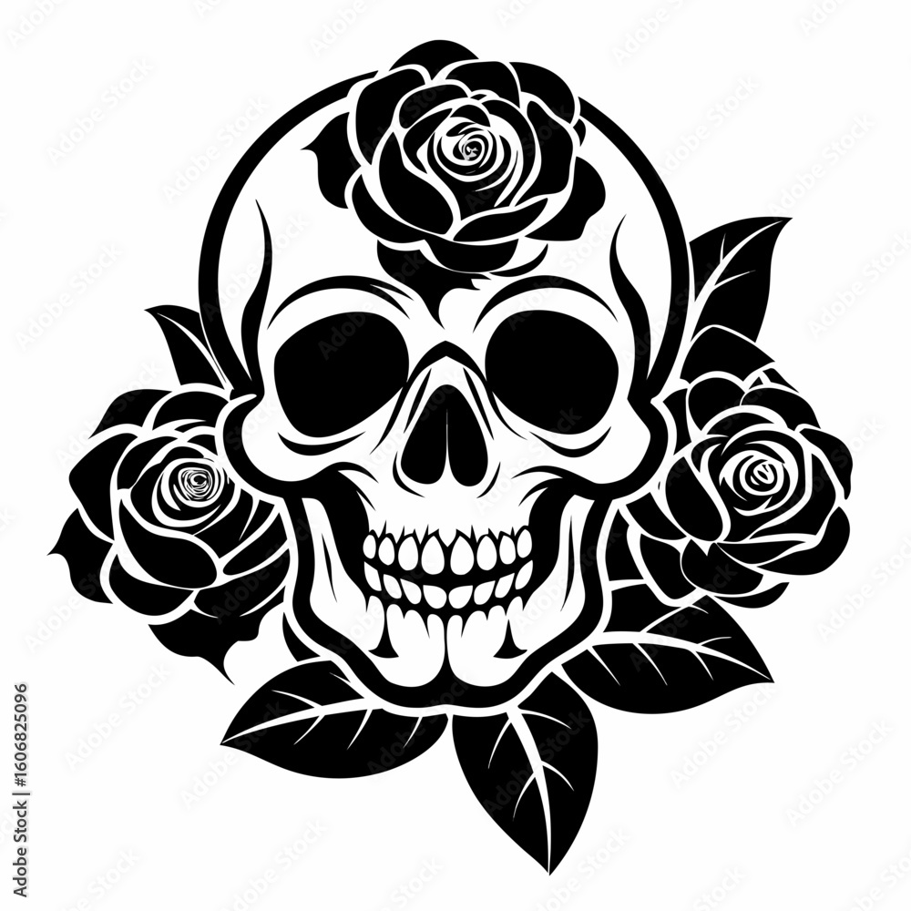 Fototapeta premium Skull with Roses vector clean black silhouette design white background
