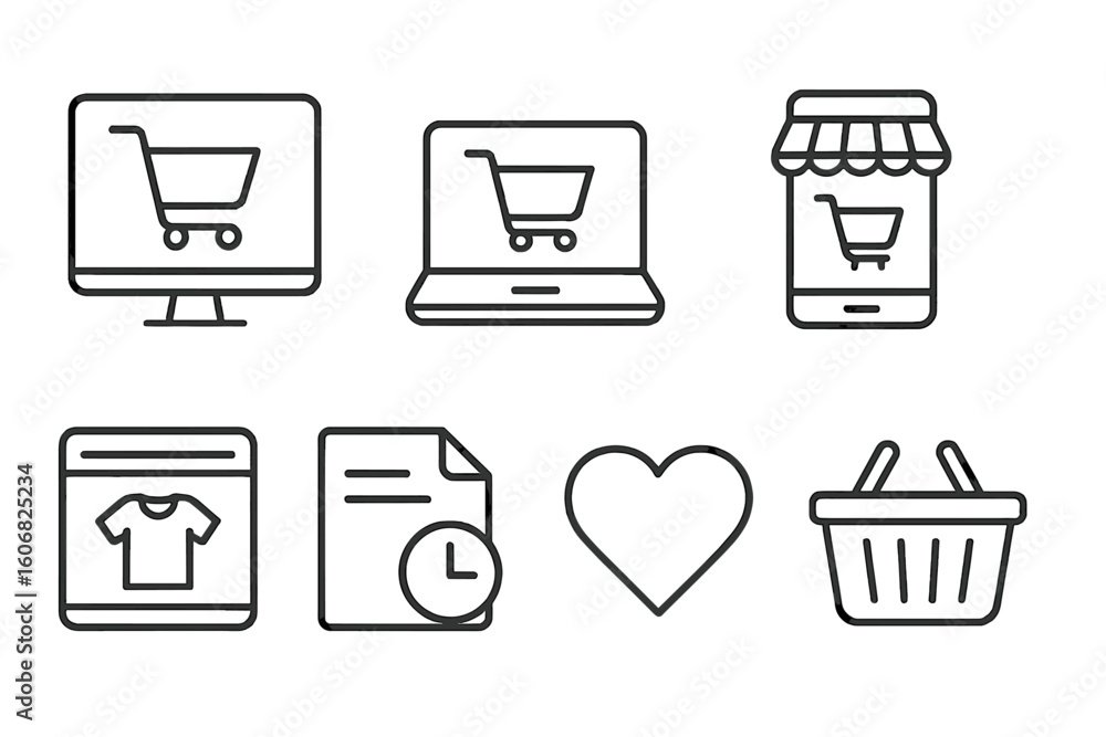 E-commerce and shopping icons set: cart, laptop, smartphone, storefront, clothing, heart, basket E-commerce and shopping icons set: cart, laptop, smartphone, storefront, clothing, heart, basket