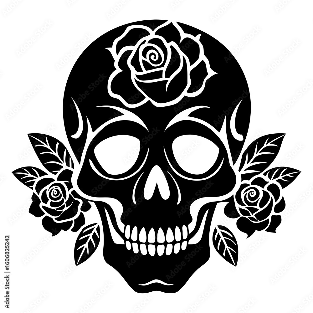 Fototapeta premium Skull with Roses vector clean black silhouette design white background