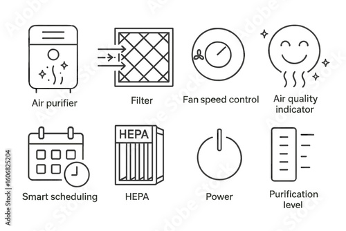 Smart air purifier icons: fan speed, filter, hepa, power, air quality, scheduling