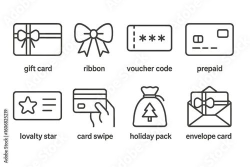 Gift card icons: ribbon, voucher, prepaid, loyalty, swipe, holiday, envelope