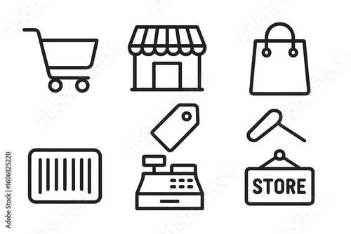 Shopping and retail icon set featuring cart, storefront, bag, and more