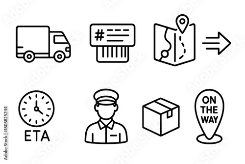 Package delivery icons: truck, map, clock, driver, box, pin