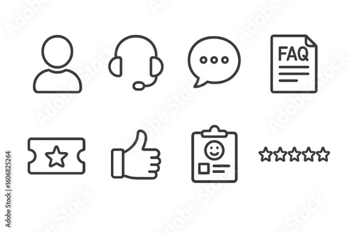 Simple customer support icons with headset, faq, ticket, and feedback symbols