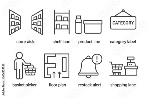 Store aisle outline icons: shopping cart, basket, shelf, products, category labels