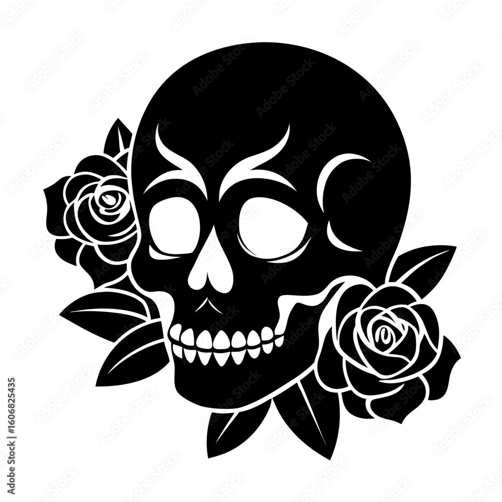 Fototapeta premium Skull with Roses vector clean black silhouette design white background