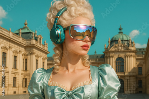 Baroque-haired woman in silk gown wears futuristic mirrored visor headphones outside ornate palace, playful past-meets-future fashion fantasy, generative AI