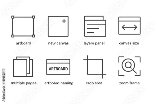 Illustrated icons of artboard tools for graphic design interface