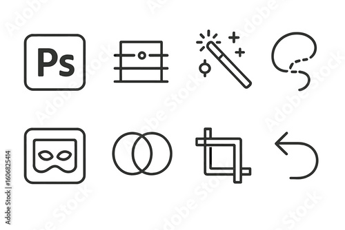 Outline icons of photoshop tools: magic wand, crop, mask, undo, and more