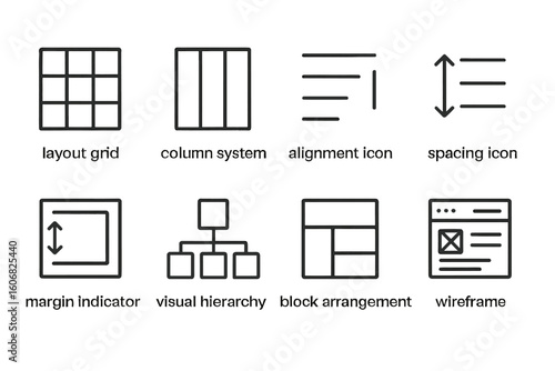 User interface design icons: layout, grid, column, alignment, spacing, margin, hierarchy, wireframe