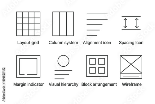 Design elements: layout grid, column system, alignment, spacing, hierarchy, wireframe