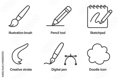 Digital art tools: illustration brush, pencil, sketchpad, creative stroke, digital pen, doodle icon