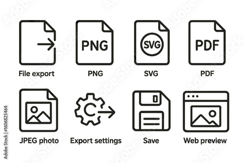 Set of file icons: png, svg, pdf, jpeg, save, export, web preview