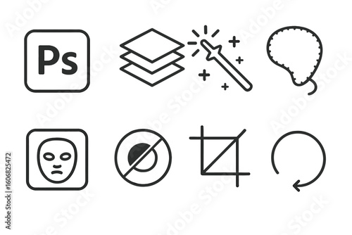 Icon set: design tools - layers, mask, crop, rotate, magic wand, pen tool