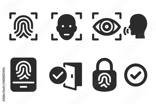 Biometric authentication icons set featuring fingerprint voice and facial recognition