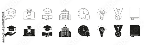 Education And Achievement Icon Set. Graduation, Online Learning, And Academic Success Symbol Collection. School, Time Management, Innovation, And Recognition Elements. Isolated Vector Illustration