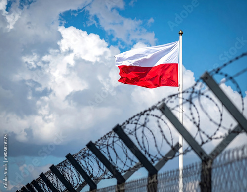 Polish flag waving over national border fence symbolising immigration crisis