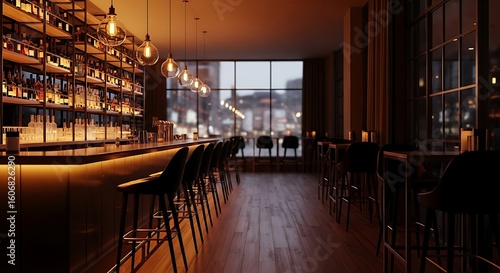 Interior of a stylish urban bar at twilight, with warm ambient lighting and a cozy atmosphere.