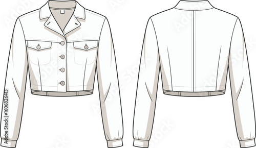 Cropped casual jacket fashion sketch with flap chest pockets, cuffed sleeves, collar, button front, CAD flat front and back view