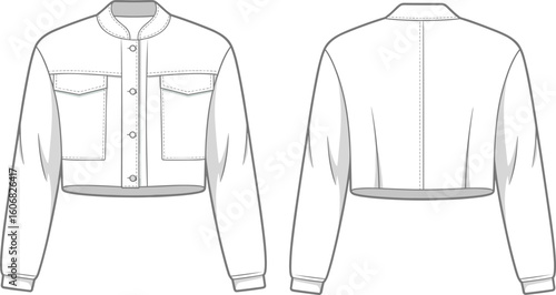 Cropped jacket fashion illustration with stand-up collar, flap chest pockets, long sleeves, button front, CAD front and back sketch