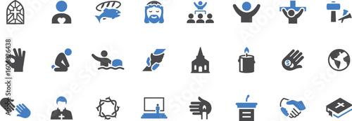 Religious Worship Vector Set – Church, Pastor, Faith, Cross, Religion, Spiritual, Belief, Pray, Community, Holy, Worship, God, Clergy, Bible, Ceremony, Icon

