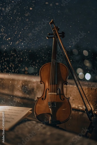 Rain-Drenched Violin with Water Droplets on Dark Moody Background