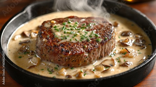 Rich steak Diane sauce pooling around perfectly cooked beef tenderloin with sautГ©ed mushrooms and herb garnish in skillet