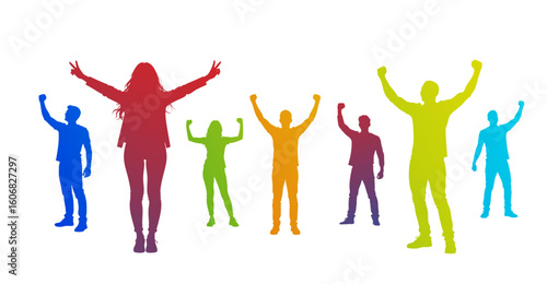 sagome, silhouette, concetto, persone, felici, vittoria, vincenti, successo,