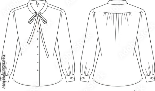Long-sleeve blouse fashion template with bow tie collar, button front, gathered back yoke, curved hem, CAD drawing flat vector illustration