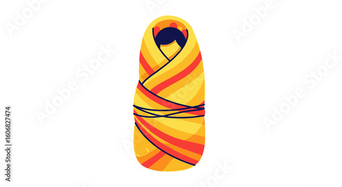 newborn baby swaddled in yellow and orange blanket, isolated