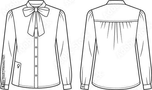Long-sleeve blouse template with bow tie collar, button front, curved hem, gathered back yoke, flat vector front and back CAD drawing