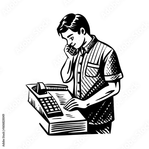 A vintage sketchy style illustration depicting dialling phone
