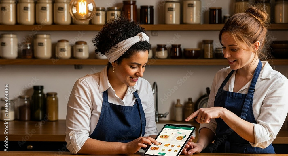 Fototapeta premium Two friendly chefs browse online menu options on a tablet in a cozy kitchen setting together