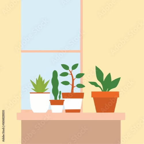 Indoor plants arranged on windowsill with pastel background  
