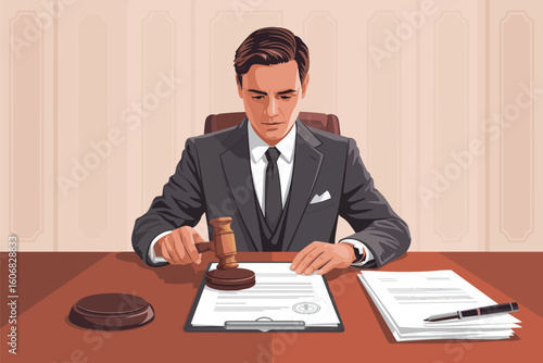 A professional man in a suit using a gavel to finalize a legal document or court judgment.