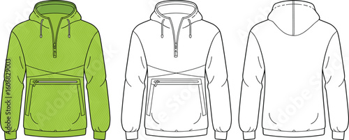 Hooded half-zip jacket vector template with chevron pattern, chest zipper pocket, drawstring hood, front and back CAD views