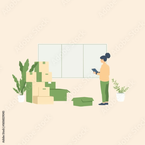 Woman organizing boxes and checking items in modern interior space  