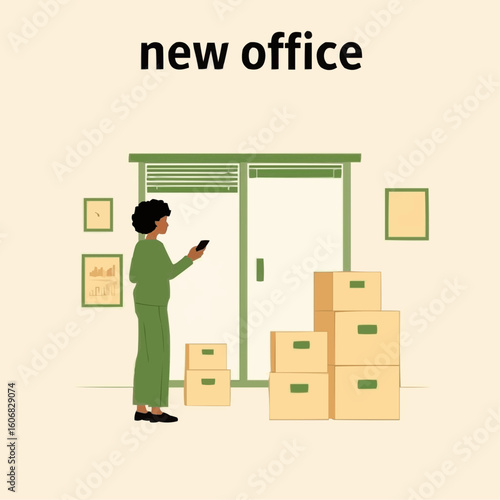 Woman unpacking boxes in a new office space with green decor  