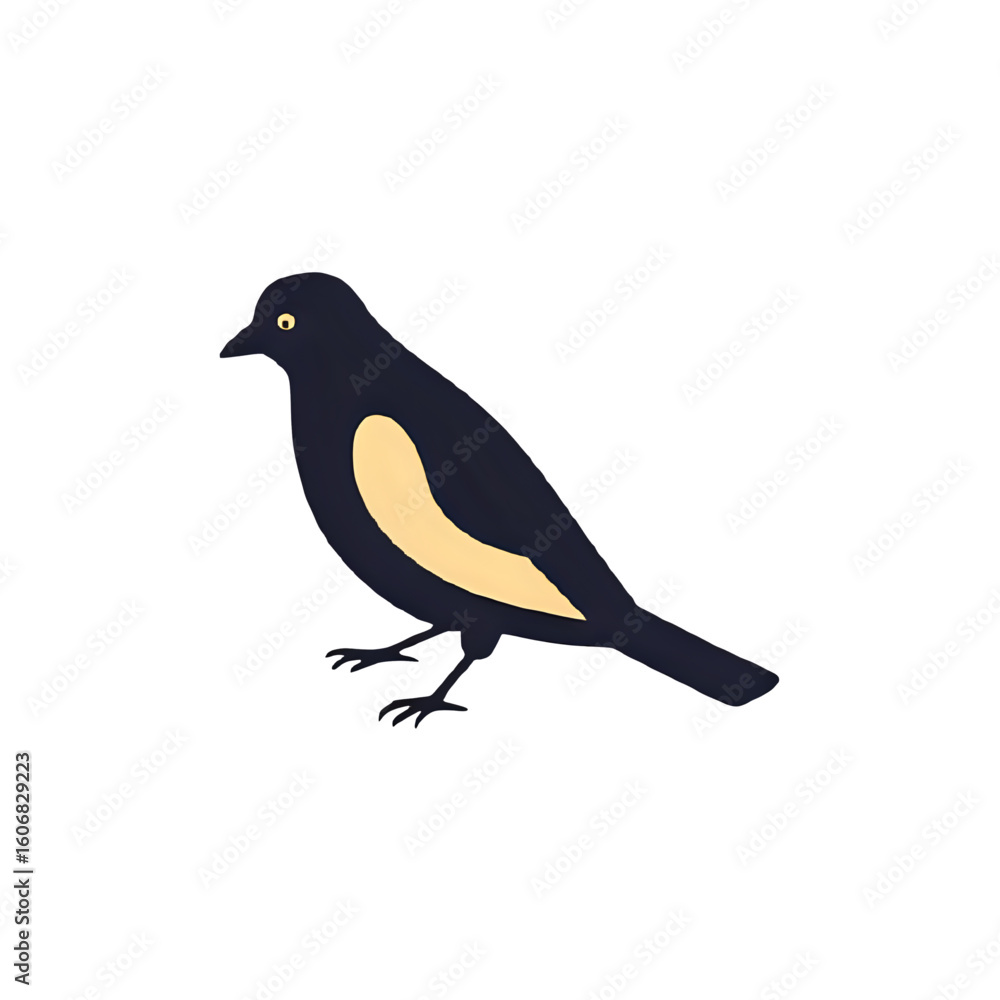 Obraz premium Illustration of a black bird with a yellow patch standing on a white background