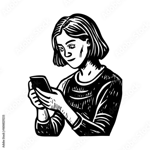 A vintage sketchy style illustration depicting using phone