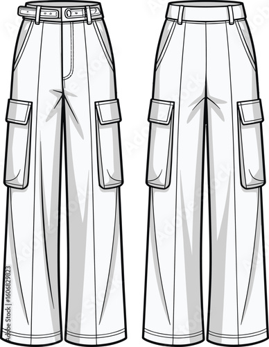 Wide-leg cargo pants template with side flap pockets, belt and buckle detail, stitch accents, front and back technical views
