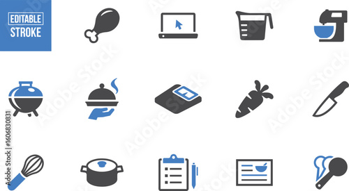 Food Delivery Icons – Online Food, Tray, Meal, Carrot, Chicken Leg, Shopping Cart, Mobile Order, Restaurant, Takeaway, Food Box, Fast Food, Cuisine, Eatery, Grocery, Dining, Chef, Contactless, App-Bas