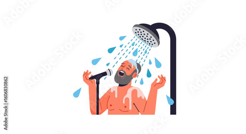 bearded man singing in the shower, isolated