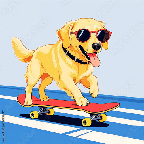 Cool Golden Retriever on Skateboard: A golden retriever sporting stylish sunglasses rides a skateboard with effortless cool on a sunny day, celebrating the joy of action, fun and youthful vigor.