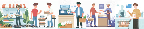 young man character vector buying eggs