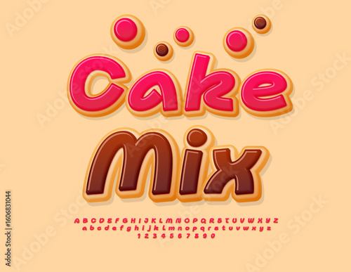 Vector Sweet sticker Cake Mix. Tasty Donut Font. Delicious Alphabet Letters and Numbers set