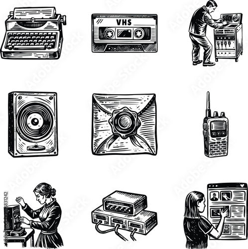 Set of Communication Art Vintage Style Illustrations 


