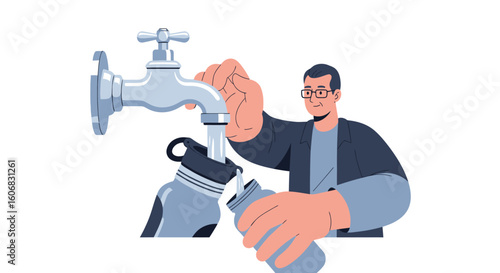 man filling water bottles from faucet, isolated