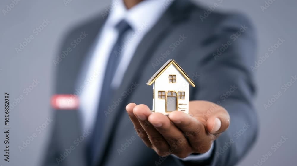 Professional holding a miniature house model symbolizing real estate opportunities in a corporate setting Professional holding a miniature house model symbolizing real estate opportunities in a corporate setting