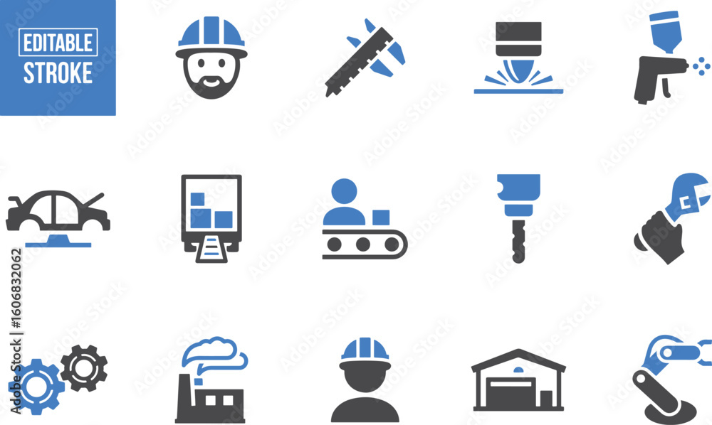 Fototapeta premium Construction and Tools Vector Icon Set – Engineering, Worker, Helmet, Drill, Wrench, Toolkit, Hammer, Project, Builder, Screwdriver, Fixing, Maintenance, Safety Gear, Construction Site, Industry, Mach
